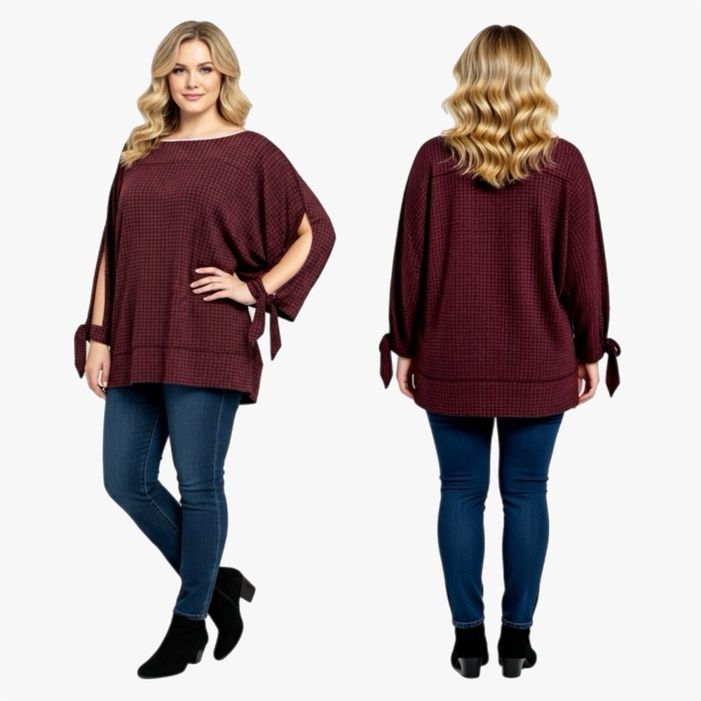The Limited Burgundy Black Print Boatneck Blouse Womens Plus Size 2X
